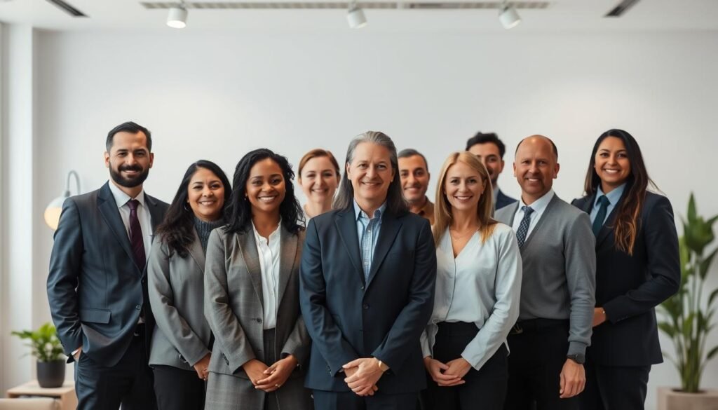 A professional mental health counseling team stands together in a serene, modern office. The group is composed of diverse individuals - male and female, of various ages and ethnicities - dressed in business attire. They exude an air of compassion, expertise and approachability. Soft, indirect lighting illuminates their faces, creating a warm, inviting atmosphere. The team is positioned in the foreground, with a blurred background featuring clean lines, natural elements like potted plants, and minimalist decor that conveys a sense of professionalism and care. The composition emphasizes the team's unity, competence and dedication to providing high-quality mental health support.