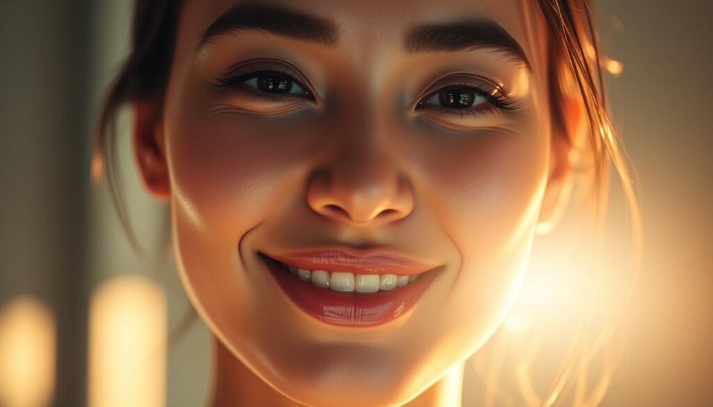 A close-up portrait of a woman's face, illuminated by a soft, warm glow. Her skin appears luminous and radiant, with a healthy, glowing complexion. The woman is smiling serenely, conveying a sense of calm and contentment. The background is blurred, creating a sense of depth and focus on the subject. The lighting is carefully crafted, creating gentle shadows and highlights that accentuate the woman's features. This image represents the "Oligio X 原美電波療程效果" from the Glowin' Beaute brand, showcasing the transformative power of the treatment and its ability to deliver long-lasting, youthful-looking results. A close-up portrait of a woman's face, illuminated by a soft, warm glow. Her skin appears luminous and radiant, with a healthy, glowing complexion. The woman is smiling serenely, conveying a sense of calm and contentment. The background is blurred, creating a sense of depth and focus on the subject. The lighting is carefully crafted, creating gentle shadows and highlights that accentuate the woman's features. This image represents the "Oligio X 原美電波療程效果" from the Glowin' Beaute brand, showcasing the transformative power of the treatment and its ability to deliver long-lasting, youthful-looking results.
