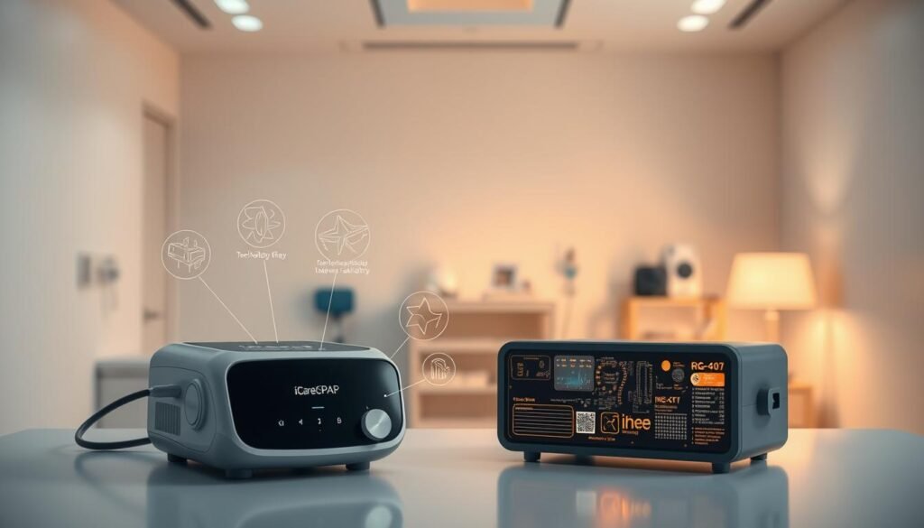 A detailed analysis of the factors influencing the prices of sleep apnea machines and respiratory devices. In the foreground, an iCareCPAP machine with sleek, modern design sits on a clean, minimalist surface. The middle ground showcases various components and technical specifications, highlighting the advanced technology within. The background depicts a serene, softly-lit medical environment, conveying a sense of health and wellness. Warm lighting casts gentle shadows, creating depth and atmosphere. The overall scene conveys the intersection of high-quality medical equipment, innovative engineering, and the importance of respiratory health.