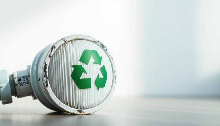 A detailed close-up shot of a water filter cartridge with a prominent recycling symbol, placed against a clean, minimalist background. The filter is slightly worn, conveying its used state, but the recycling symbol stands out, emphasizing the sustainability message. Soft, natural lighting illuminates the scene, creating a sense of purity and environmental consciousness. The composition focuses on the filter, with the background slightly blurred to draw the viewer's attention to the central element. The overall mood is one of responsible resource management and environmental stewardship.