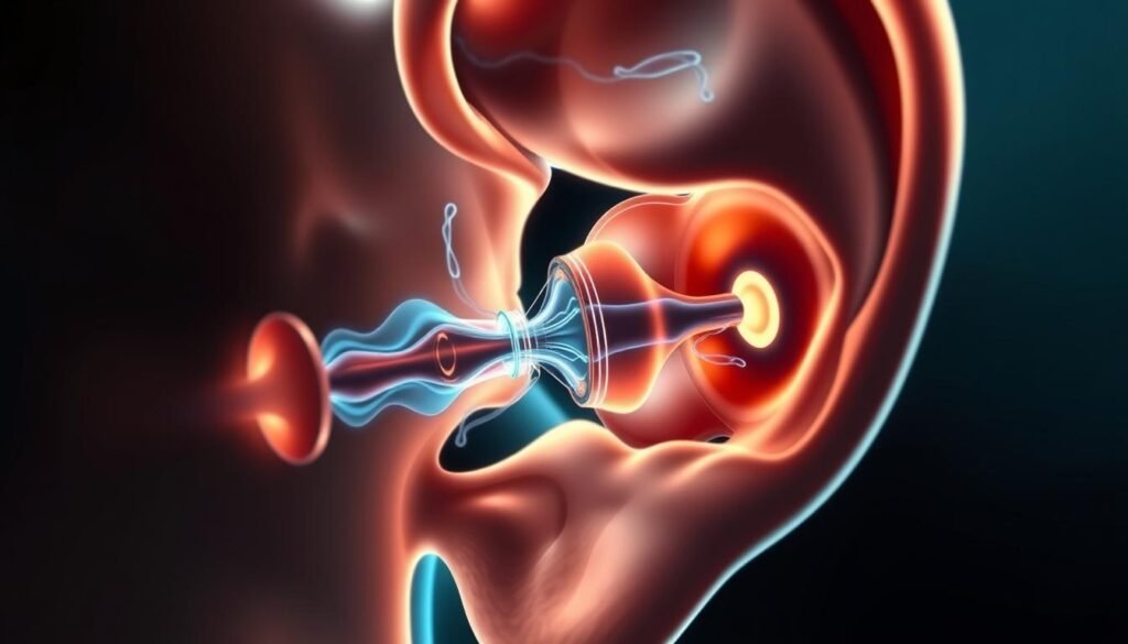 A high-quality medical diagram showcasing the inner workings of the human ear, focusing on the mechanisms responsible for fluid imbalance. The image depicts the delicate structures of the labyrinth, cochlea, and semicircular canals in vivid detail, illuminated by soft, directional lighting that enhances the depth and three-dimensional quality. The composition emphasizes the key anatomical features involved in the disruption of normal fluid circulation, allowing viewers to clearly understand the underlying causes of this condition. The overall mood is one of clinical precision and educational clarity, designed to complement the informative text in the article.