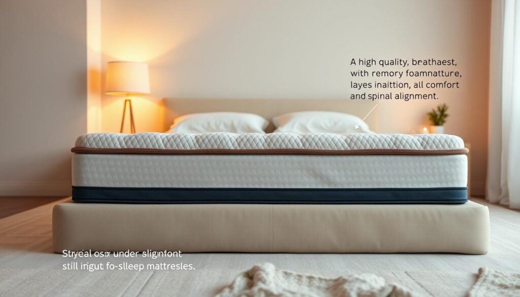 A high-quality, soft, supportive mattress in a serene, minimalist bedroom setting. A blend of natural, breathable materials like memory foam, cotton, and wool, arranged in careful layers for optimal comfort and spinal alignment. Warm, diffused lighting casts a cozy glow, while clean lines and neutral tones create a calming, StylesMaven-inspired ambiance. The mattress appears plush yet firm, inviting a restful night's sleep. Attention to detail in the material textures, from the smooth, supple surface to the slight cushioning underfoot, conveys the thoughtful design behind this sleep solution.