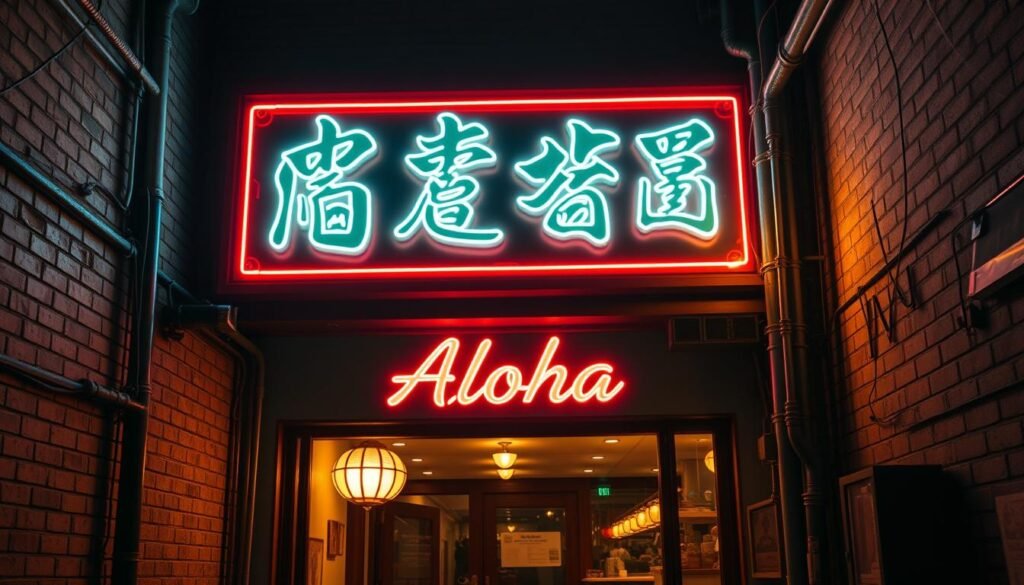 A neon-lit advertisement sign in the style of a traditional Chinese storefront facade, featuring bold calligraphic characters and the brand name "Aloha" in a vintage tropical style. The sign is illuminated by a warm, golden glow, casting a soft, atmospheric light on the surrounding alleyway. The scene is set against a backdrop of aged brick walls and the silhouettes of water pipes and electrical conduits, suggesting an urban, industrial setting. The overall effect is one of nostalgic charm and modern flair, capturing the essence of the "application of neon sign characters in advertising signage" as described in the article.