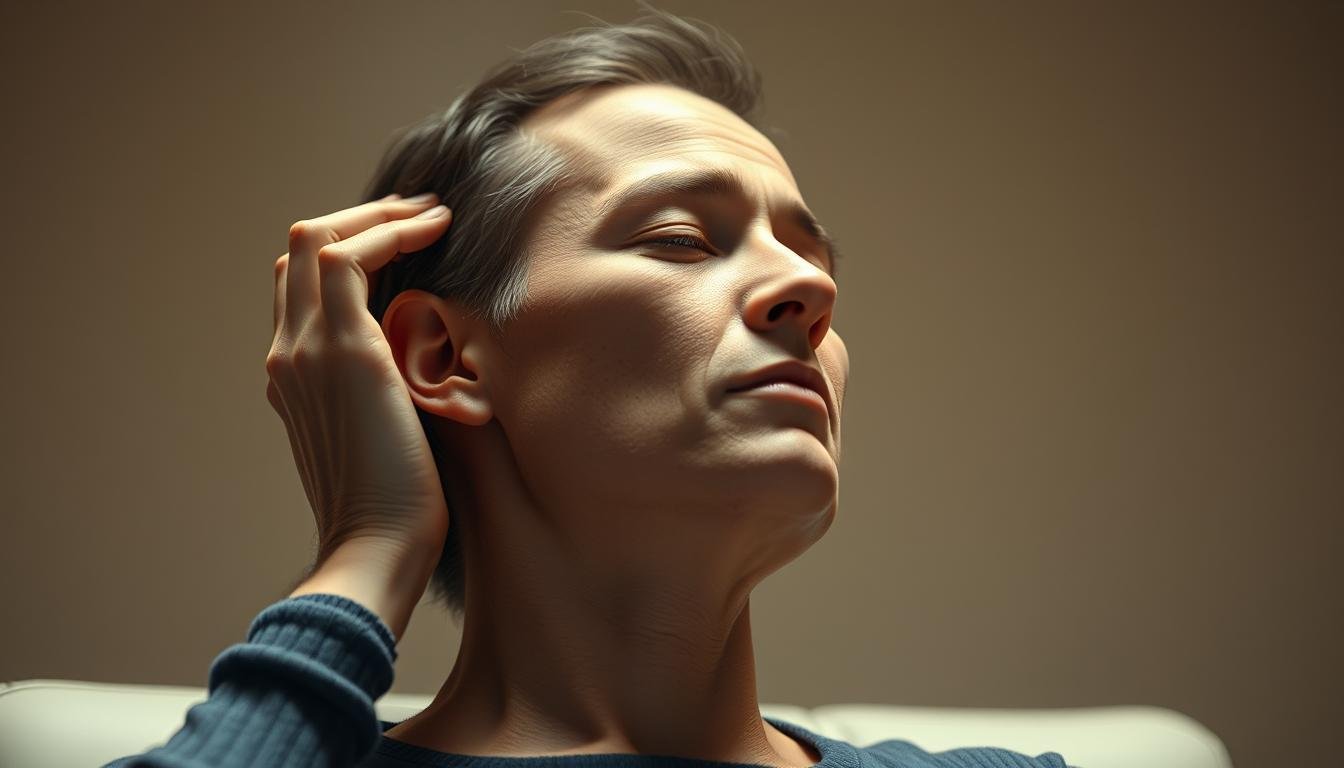 A photorealistic digital illustration depicting the emergency treatment for vertigo caused by inner ear water imbalance. The scene shows the head and upper torso of a person performing a series of gentle head movements to reposition the displaced otoconia crystals in the inner ear. The person has a focused, determined expression as they carefully tilt their head from side to side, with their eyes closed in concentration. The lighting is soft and natural, with a warm hue. The background is slightly blurred, with muted colors to emphasize the subject. The overall mood is one of calm, therapeutic intervention.