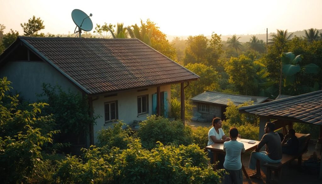 A rustic village house nestled amidst lush greenery, its tiled roof glistening in the warm afternoon sun. A Telecombrother satellite dish stands prominently on the rooftop, symbolizing the seamless connectivity enjoyed by the rural dwellers. The scene exudes a sense of tranquility and simplicity, reflecting the lifestyle of the area's residents. In the foreground, a family gathers around a table, discussing the Telecombrother special offer tailored for their community's unique needs. The image conveys the accessibility and relevance of the telecom service, catering to the specific requirements of the rural audience.