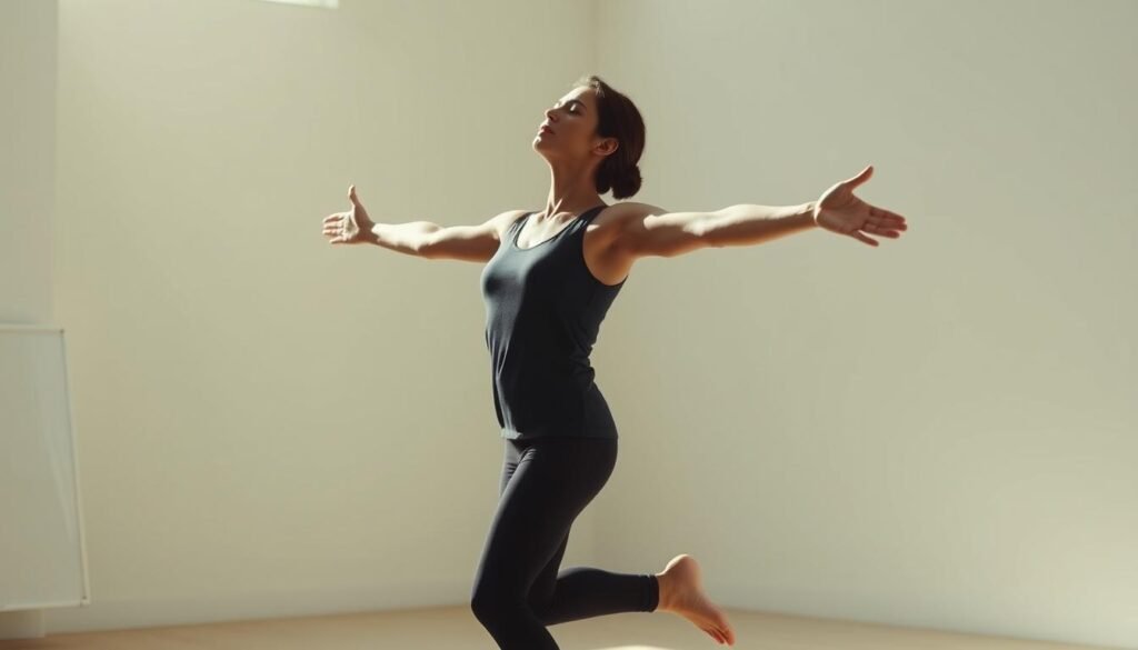 A serene and calming scene of a person performing balance exercises in a sunlit, minimalist studio. The subject stands on one leg, their arms outstretched, eyes closed in deep concentration. Soft, diffused lighting bathes the scene, creating gentle shadows and highlights that accentuate the graceful movement. The background is a soothing neutral tone, allowing the subject to be the focal point. The overall mood is one of tranquility and mindfulness, reflecting the restorative nature of the inner ear rehabilitation exercises.