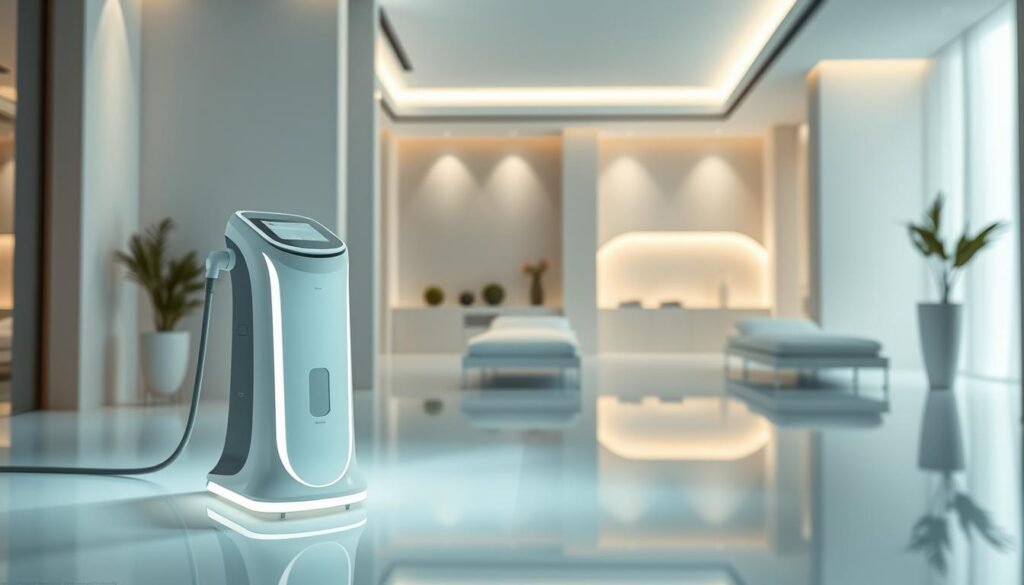 A serene and tranquil scene showcasing the Glowin Beaute Oligio X skin treatment. The foreground features a sleek, minimalist medical device with a clean, futuristic design, subtly illuminated against a soft, ambient background. The middle ground depicts a soothing, spa-like environment with neutral tones and gentle natural lighting, conveying a sense of relaxation and well-being. The background reveals a modern, elegant interior with refined architectural elements, creating an atmosphere of sophistication and professionalism. This visually captivating image perfectly captures the attention to detail and advanced technology inherent in the Oligio X treatment, making it an ideal visual aid for the section on "Oligio X 原美電波療程的注意事項".