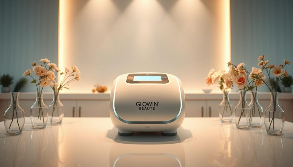 A serene beauty salon setting, illuminated by soft, diffused lighting. In the center, a modern medical device emblazoned with the "Glowin Beaute" brand name, resting on a sleek, minimalist table. Surrounding it, elegant glass vases filled with fresh flowers, creating a calming, inviting atmosphere. The device's clean, futuristic design hints at its advanced Oligio X technology, capable of delivering precise, rejuvenating "原美電波療程" treatments. The overall composition conveys a sense of tranquility, professionalism, and the promise of transformative skin care.