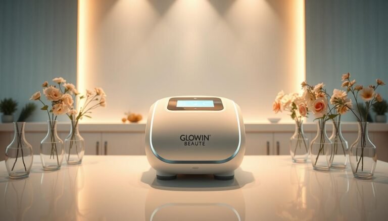 A serene beauty salon setting, illuminated by soft, diffused lighting. In the center, a modern medical device emblazoned with the "Glowin Beaute" brand name, resting on a sleek, minimalist table. Surrounding it, elegant glass vases filled with fresh flowers, creating a calming, inviting atmosphere. The device's clean, futuristic design hints at its advanced Oligio X technology, capable of delivering precise, rejuvenating "原美電波療程" treatments. The overall composition conveys a sense of tranquility, professionalism, and the promise of transformative skin care.
