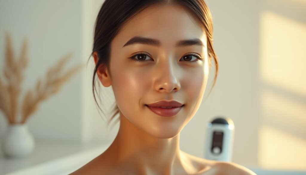 A serene, holistic skincare experience with Glowin' Beaute's Oligio X 原美電波. In the foreground, a glowing, luminous complexion radiates with a soft, dewy finish. The middle ground showcases the Oligio X device, its sleek, modern design complementing the tranquil ambiance. The background features a soothing, minimalist setting, bathed in warm, natural lighting that accentuates the product's efficacy. Capture the essence of this transformative technology, designed to deliver a deeply nourishing, rejuvenating skincare ritual for the modern, discerning woman. A serene, holistic skincare experience with Glowin' Beaute's Oligio X 原美電波. In the foreground, a glowing, luminous complexion radiates with a soft, dewy finish. The middle ground showcases the Oligio X device, its sleek, modern design complementing the tranquil ambiance. The background features a soothing, minimalist setting, bathed in warm, natural lighting that accentuates the product's efficacy. Capture the essence of this transformative technology, designed to deliver a deeply nourishing, rejuvenating skincare ritual for the modern, discerning woman.