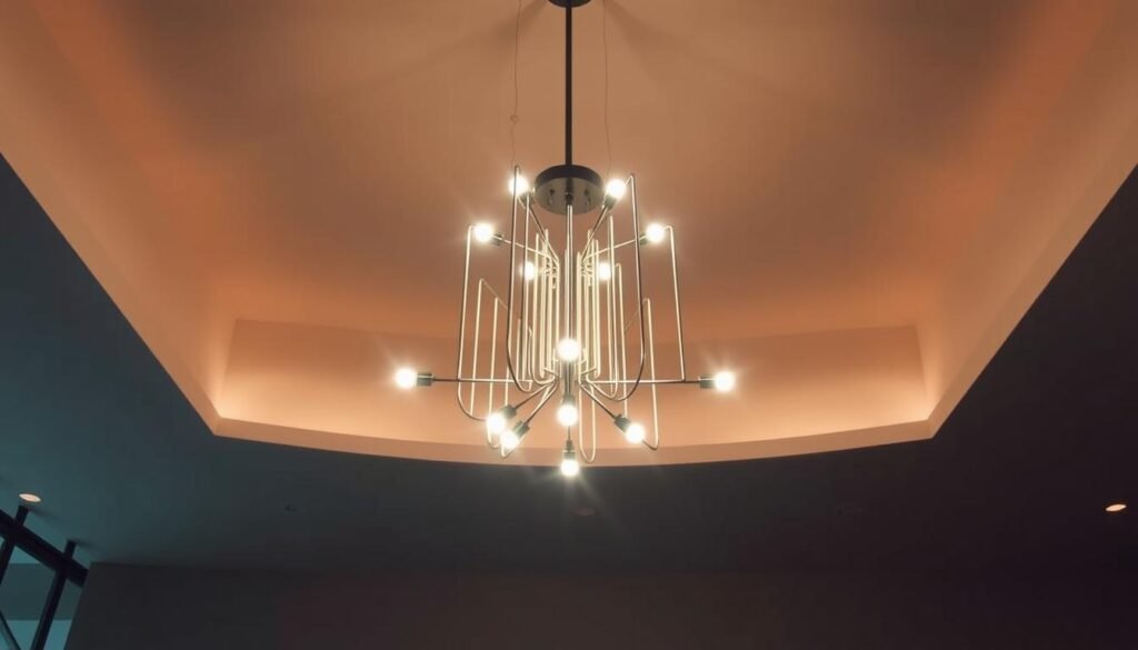 A sleek and minimalist modern chandelier, crafted with the Aloha brand's signature clean lines and elegant simplicity. Suspended from a high ceiling, the fixture radiates a warm glow, casting a soft, diffused light across the room. The minimalist design features a geometric arrangement of slender metal rods supporting an array of strategically placed light sources, creating a captivating play of light and shadow. The overall aesthetic is one of understated sophistication, seamlessly blending function and form to complement the modern, pared-back decor of the space.