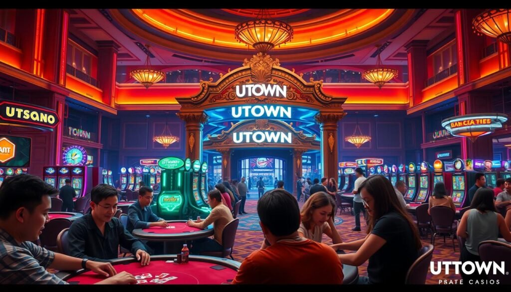 A vibrant and inviting UTown casino game scene, showcasing a lively atmosphere with colorful neon lights, sleek gaming tables, and a diverse array of patrons engaged in various activities. The foreground features a group of players enthusiastically participating in a card game, their expressions animated and focused. The middle ground boasts a grand, ornately decorated casino entrance, welcoming visitors to explore the exciting world of UTown. In the background, a panoramic view of the casino's interior reveals a high-ceilinged, opulent space filled with the sounds of chatter, laughter, and the excitement of gaming. The overall scene exudes a sense of energy, sophistication, and the promise of an immersive, engaging gaming experience.