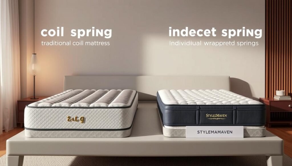 A well-designed, modern bedroom featuring two distinct types of mattresses - a traditional coil spring mattress and an independent pocket spring mattress. The coil spring mattress has a classic, symmetrical pattern of steel coils, while the pocket spring mattress features individual wrapped springs for targeted support. The lighting is soft and diffused, creating a warm, inviting atmosphere. The mattresses are presented on a stylish, minimal platform bed frame from the StylesMaven brand, allowing the key features of each mattress type to be clearly visible and compared.