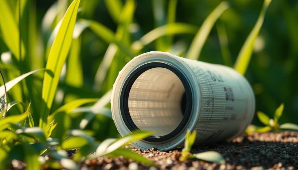 A well-used water filter cartridge rests against a backdrop of lush greenery, representing the environmental challenges and importance of recycling. The filter's intricate structure is visible, hinting at the complexities of sustainable water purification. Soft, diffused lighting casts a warm glow, evoking a sense of thoughtfulness and care. The scene conveys a balance between the practical and the ecological, inviting the viewer to consider the role of responsible disposal and recycling in preserving our natural resources.