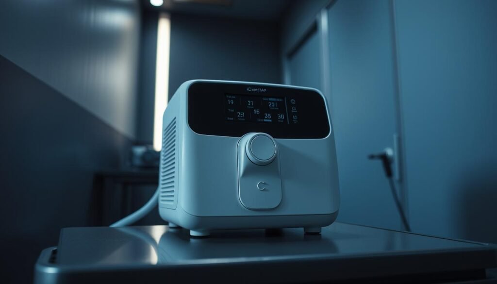 An advanced iCareCPAP sleep apnea machine in a dimly lit, modern medical setting. Muted grays and blues create a calming atmosphere. The device's sleek, minimalist design is captured in high detail, showcasing its intuitive controls and comfortable interface. Soft lighting accentuates the machine's clean lines and metallic accents, while subtle reflections on its surface add depth and texture. The overall composition conveys the device's technological sophistication and its role in providing effective, user-friendly sleep therapy.