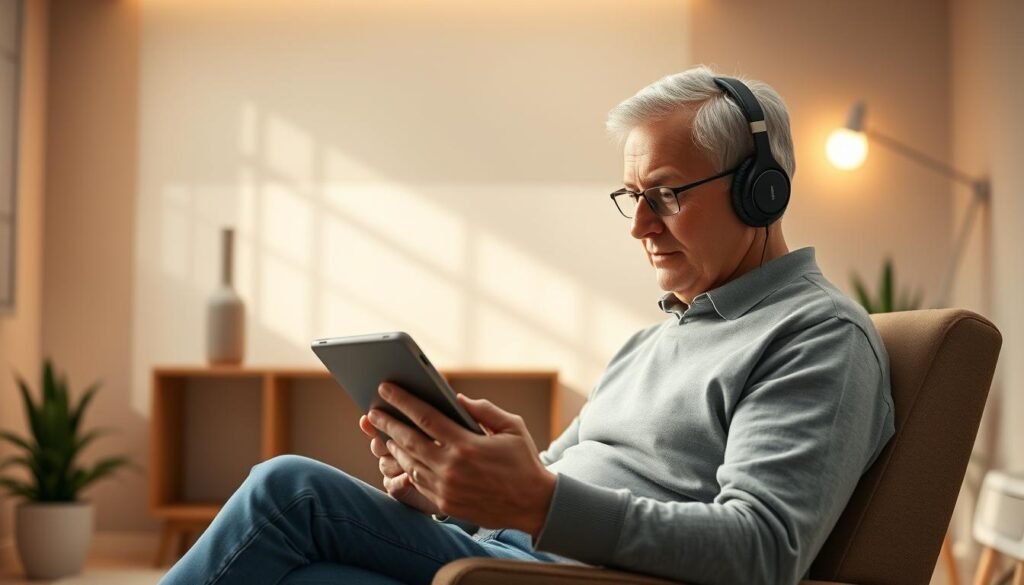 An illustration of a person practicing functional recovery training for tinnitus relief. A well-lit studio scene with a middle-aged person sitting on a chair, wearing noise-cancelling headphones and focusing intently on a tablet device. The background has minimalist decor, with warm lighting and soft textures to create a calming, therapeutic atmosphere. The person's posture and facial expression convey a sense of deep concentration and dedication to their rehabilitation program. The image should visually communicate the step-by-step implementation of functional recovery training for tinnitus, as described in the article section title.