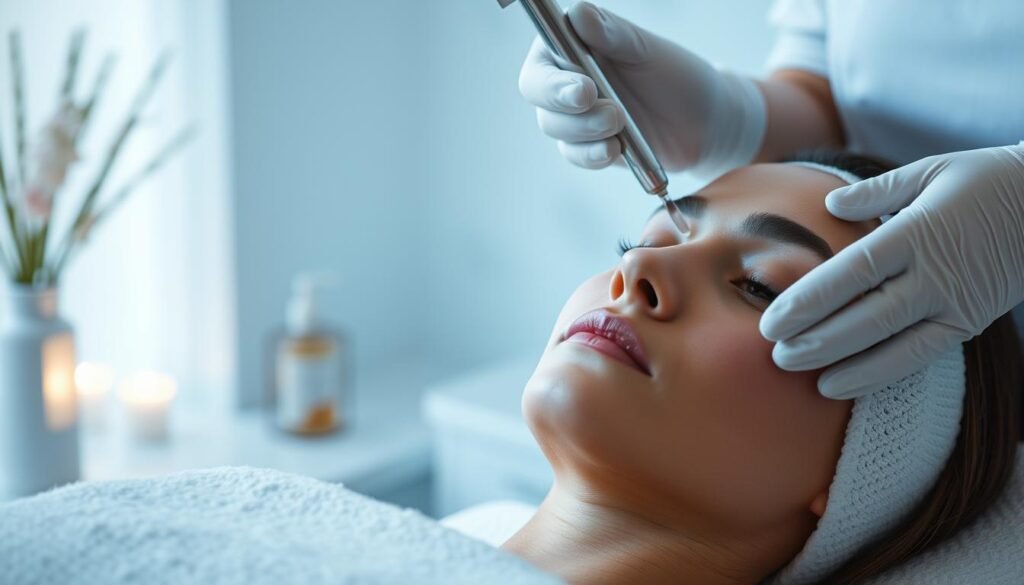 Generate an image of a person receiving Oligio X treatment on their face