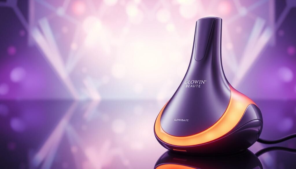 Highly detailed and vibrant image of the "GLOWIN' Beaute Oligio X 原美電波療程" product. The foreground showcases the sleek, futuristic device with a glowing, metallic finish. The middle ground features a serene, luminescent background with a soft, diffused light, creating a sense of calm and relaxation. The background subtly hints at the advanced technology and scientific nature of the treatment, with subtle geometric patterns and abstract elements. The overall mood is one of luxury, innovation, and well-being, perfectly capturing the essence of the "GLOWIN' Beaute" brand.