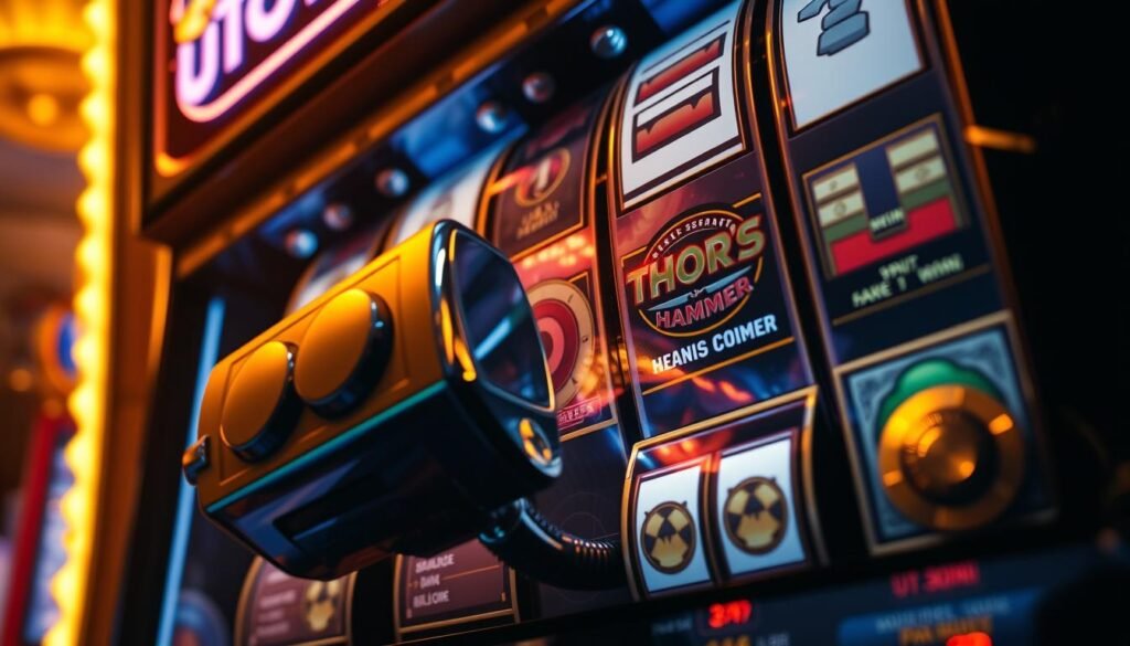 A detailed close-up of the internal mechanisms and interactive elements of a UTown branded slot machine, showcasing the unique "Thor's Hammer" game mode. Dramatic low-angle view highlighting the intricate gears, levers, and spinning reels, bathed in a warm, golden lighting that evokes a sense of anticipation and thrill. The foreground prominently features the "Thor's Hammer" symbol, while the middle ground reveals the various bonus symbols and payout indicators. The background subtly suggests the overall casino environment, with a sense of depth and motion to convey the dynamism of the gaming experience.