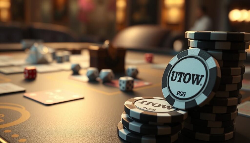A highly detailed and photorealistic scene depicting a close-up view of a PG麻將game board with carefully rendered tiles, dice, and scoring components. The foreground features a stack of UTown-branded poker chips, symbolizing the financial stakes of the game. The middle ground showcases the game pieces and layout, with a soft, warm lighting illuminating the scene. The background is blurred, creating a sense of depth and focus on the central gaming elements. The overall mood is one of strategic contemplation and anticipation, reflecting the intense yet engaging nature of the PG麻將experience.