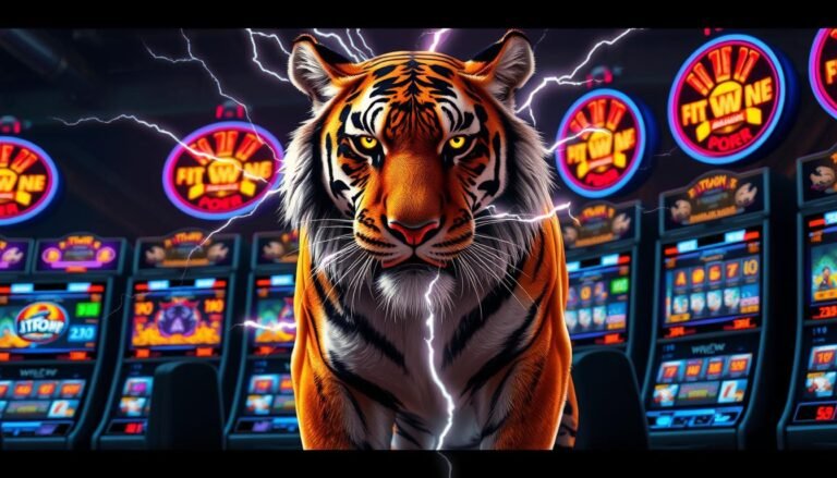 A majestic tiger, the embodiment of raw power and grace, stands before an array of dazzling, neon-lit UTown slot machines. Sparks of electricity crackle around its regal form, hinting at the mythical "Thor's Tiger" at the heart of this captivating game. The tiger's piercing gaze commands attention, its muscles coiled and ready to pounce on the reels. The background is alive with the vibrant lights and intricate details of the slot machines, creating a dynamic, futuristic atmosphere. Dramatic shadows and highlights accentuate the tiger's magnificent features, conveying a sense of drama and anticipation. The overall scene is a harmonious blend of the natural and the technological, inviting the viewer to immerse themselves in the thrill of this one-of-a-kind gaming experience.
