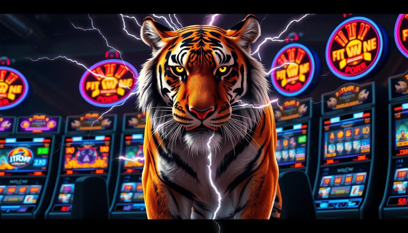 A majestic tiger, the embodiment of raw power and grace, stands before an array of dazzling, neon-lit UTown slot machines. Sparks of electricity crackle around its regal form, hinting at the mythical "Thor's Tiger" at the heart of this captivating game. The tiger's piercing gaze commands attention, its muscles coiled and ready to pounce on the reels. The background is alive with the vibrant lights and intricate details of the slot machines, creating a dynamic, futuristic atmosphere. Dramatic shadows and highlights accentuate the tiger's magnificent features, conveying a sense of drama and anticipation. The overall scene is a harmonious blend of the natural and the technological, inviting the viewer to immerse themselves in the thrill of this one-of-a-kind gaming experience.