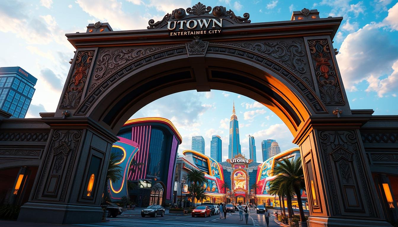 A stunning and immersive landscape depicting the UTown Entertainment City, where players can experience the thrill of gaming. In the foreground, a grand entrance archway frames the scene, adorned with intricate carvings and lighting that creates a warm, inviting atmosphere. The middle ground showcases the vibrant, modern architecture of the entertainment complex, with sleek lines and bold colors that captivate the eye. In the background, a breathtaking skyline with towering skyscrapers and a serene, cloudless sky sets the stage for an unforgettable gaming experience. The overall composition conveys a sense of grandeur, excitement, and the promise of endless entertainment, drawing the viewer into the world of UTown.