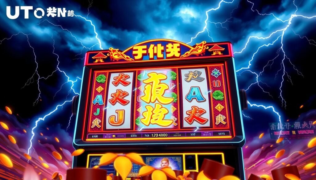A vibrant and dynamic scene of the "UTown" branded "雷神老虎機" slot machine, set against a backdrop of dramatic lightning bolts and a thunderous, stormy sky. The machine's reels spin rapidly, showcasing its impressive 3D graphics and striking visual design, with the "雷神" (Thunder God) motif prominently featured. The cabinet's sleek, modern lines and eye-catching lighting create an immersive and captivating gaming experience. The composition emphasizes the machine's scale and power, drawing the viewer's attention to the thrilling free game features and special functions that await the player. The overall mood is one of excitement, energy, and the allure of potential winnings.