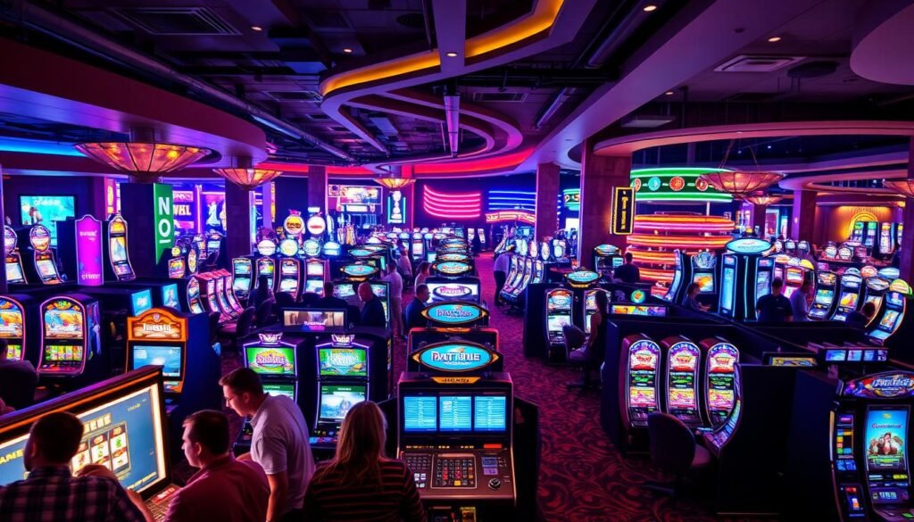 A vibrant and immersive gaming hall showcasing a diverse array of UTown's exciting offerings. In the foreground, a group of players engaged in a captivating live casino game, bathed in warm, soft lighting. In the middle ground, rows of sleek slot machines beckon, their screens flashing with vivid graphics. The background reveals a variety of other gaming options, from classic table games to innovative interactive experiences, all designed to transport players into a world of entertainment and possibility. The overall atmosphere is one of energy, excitement, and the promise of thrilling adventures to be had.