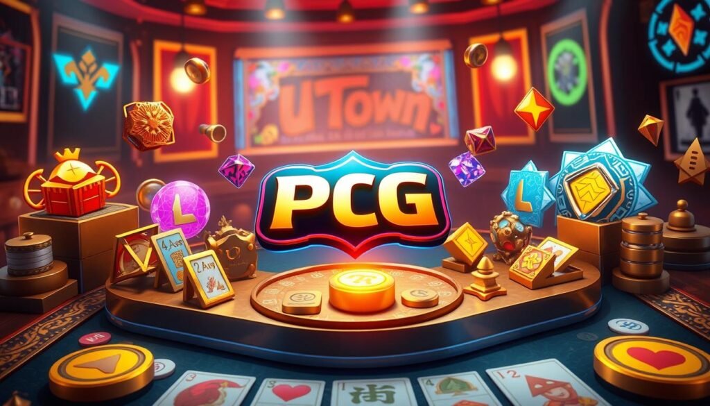 A vivid and realistic illustration of the PG麻將胡了special symbols and bonus mechanics. Depict the game board with the UTown logo prominently displayed, surrounded by various symbolic icons and graphical flourishes. Render the scene with a warm, inviting color palette and soft, diffused lighting to convey an approachable, user-friendly atmosphere. Capture the dynamic energy of the game through carefully composed elements, such as cards, tiles, and other UI components, arranged in a visually captivating layout. Ensure the image effectively communicates the key features and rewards associated with the PG麻將胡了gameplay.