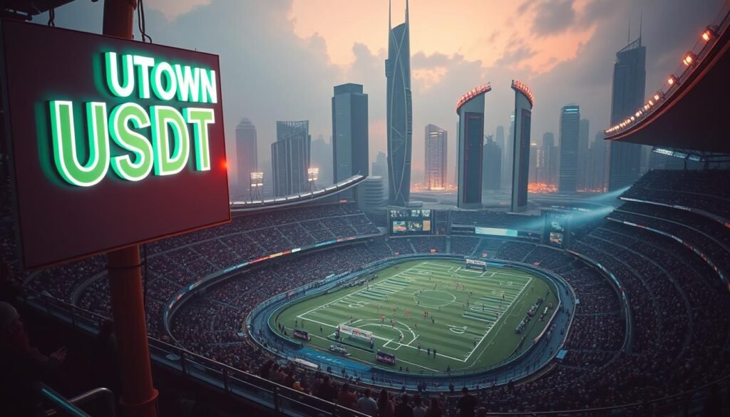 An atmospheric, cinematic image depicting the global reach and advantages of USDT sports betting. In the foreground, a striking neon sign reading "UTown" illuminates the scene. The middle ground features a bustling international sports arena, with spectators and athletes from diverse backgrounds engaged in a thrilling competition. In the background, a cityscape of towering skyscrapers and futuristic architecture suggests the global scale and technological sophistication of the USDT sports betting industry. The image is bathed in a warm, vibrant color palette, evoking a sense of excitement and opportunity. Dramatic lighting and a wide-angle lens create a sense of grandeur and scale, capturing the vast potential of USDT as a transformative force in the world of sports betting.