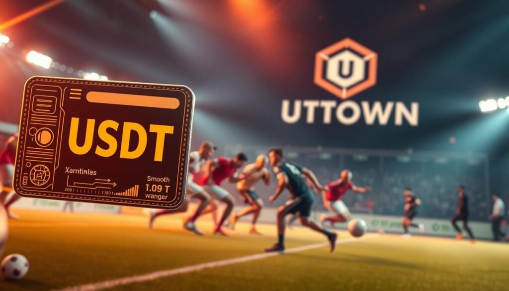 Cutting-edge cryptocurrency technology seamlessly integrated into a visually striking sports betting landscape. In the foreground, a digital wallet interface showcases the smooth USDT transactions powering real-time wagers. In the middle ground, athletes engage in an intense match, their movements captured with dynamic camera angles. The background features the UTown logo, symbolizing the innovative fusion of cryptocurrency and the thriving sports betting industry. Warm lighting casts a sense of excitement and potential, while subtle lens flares add a futuristic touch, hinting at the transformative power of this cryptocurrency revolution in the world of sports betting.