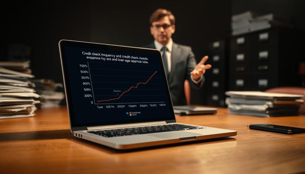 A dimly lit office setting, with a wooden desk and a laptop in the foreground. On the laptop screen, a graph depicting the relationship between credit check frequency and loan approval rates. In the middle ground, a financial advisor in a suit gestures towards the screen, explaining the data. The background is blurred, hinting at stacks of documents and file cabinets, creating a sense of financial seriousness and professionalism. The lighting is warm and focused, creating a contemplative, analytical atmosphere, drawing the viewer's attention to the crucial information on the laptop screen.