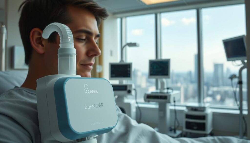 A modern hospital room with a patient using an iCareCPAP respiratory machine. The machine is prominently displayed in the foreground, its sleek, minimalist design in shades of white and blue. The patient's face is partially obscured, conveying a sense of privacy and confidentiality. In the middle ground, medical equipment and monitors provide a clinical yet calming atmosphere. The background features a large window overlooking a cityscape, allowing natural light to flood the room and create a serene, therapeutic environment. The overall scene conveys the efficient, cutting-edge nature of respiratory care, while also emphasizing the patient's comfort and well-being.