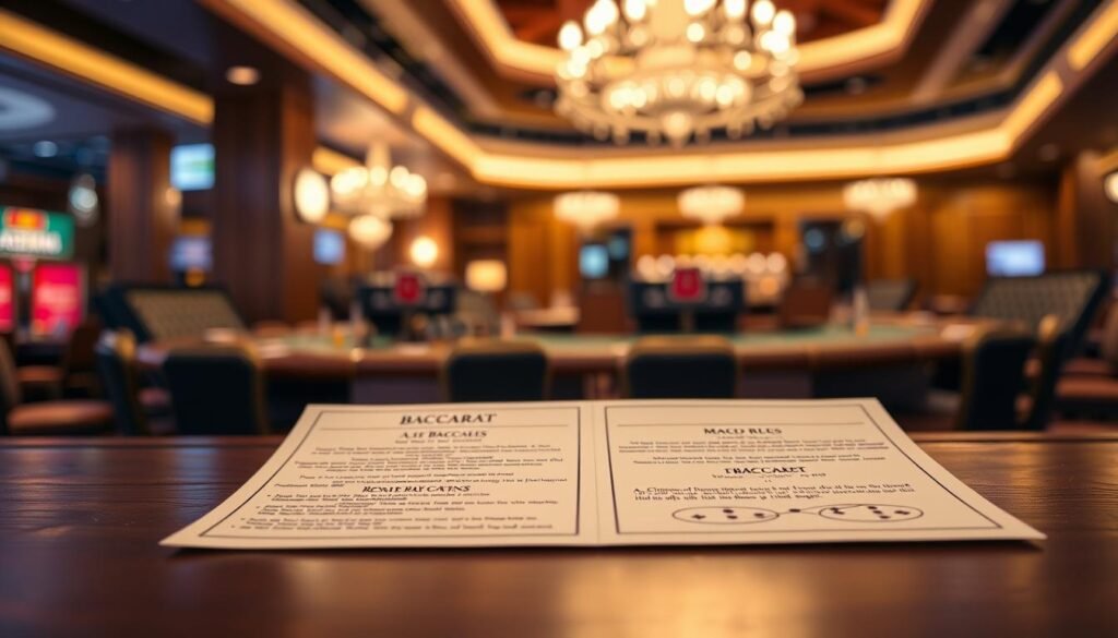 a detailed, high-resolution image of the baccarat rules, set against a softly blurred background of a casino interior. The rules are displayed on a wooden table in the foreground, with carefully rendered text and diagrams explaining the key concepts. The lighting is warm and inviting, creating a sense of authority and expertise. The overall composition is balanced and visually appealing, emphasizing the importance and complexity of understanding the baccarat ruleset.