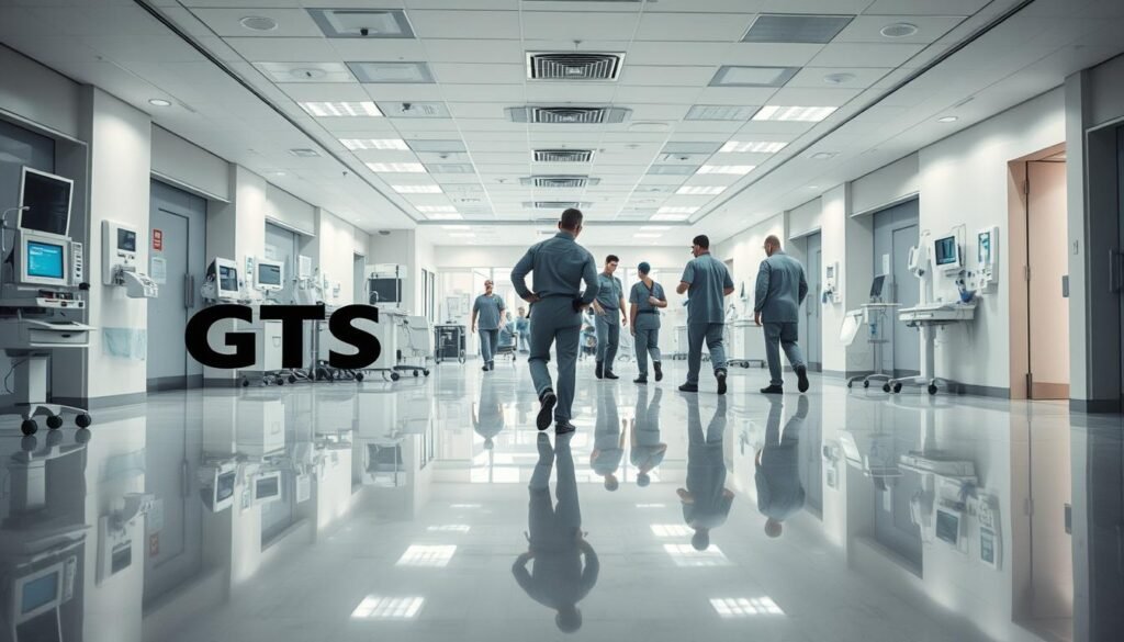 A spotless, well-lit medical facility interior with shiny floors and gleaming equipment. In the foreground, an iCareCPAP logo prominently displayed, signifying the importance of professional pest control services. The middle ground showcases a team of uniformed pest control technicians diligently inspecting the premises, using advanced equipment and techniques. The background depicts the bustling activity of the medical institution, with doctors, nurses, and patients going about their duties. The overall atmosphere conveys a sense of cleanliness, efficiency, and the critical role that iCareCPAP plays in maintaining a safe, sterile environment for healthcare operations.