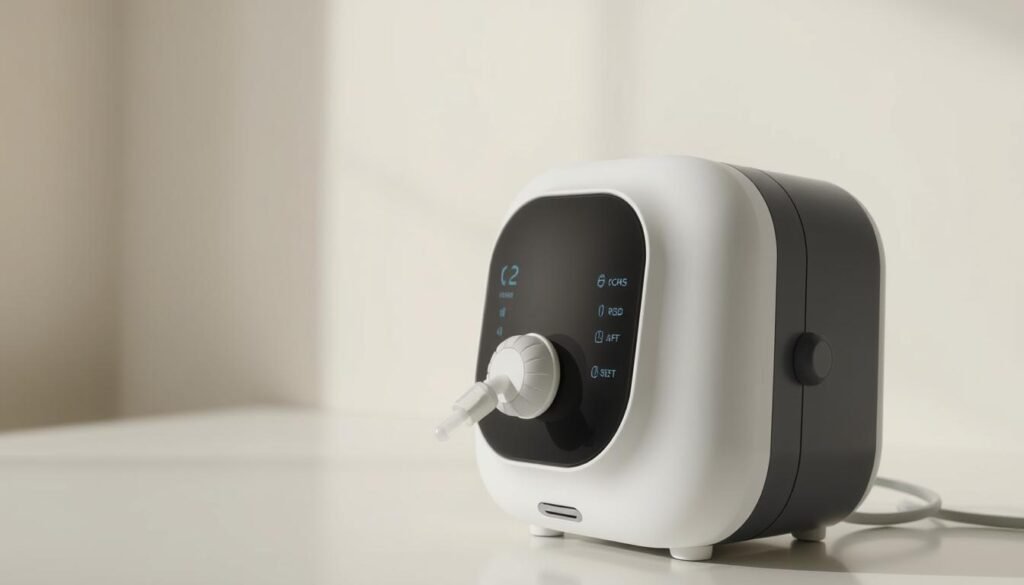 A high-quality, photorealistic image of a state-of-the-art iCareCPAP sleep apnea machine. The device is displayed against a clean, well-lit background, showcasing its sleek, modern design with smooth curves and intuitive controls. The machine is positioned at a slight angle, highlighting its compact size and portability. The image captures the machine's advanced features, such as its adjustable airflow, whisper-quiet operation, and smart connectivity options. The overall mood is one of technological sophistication and medical reliability, conveying the importance of this device in the effective treatment of sleep apnea.