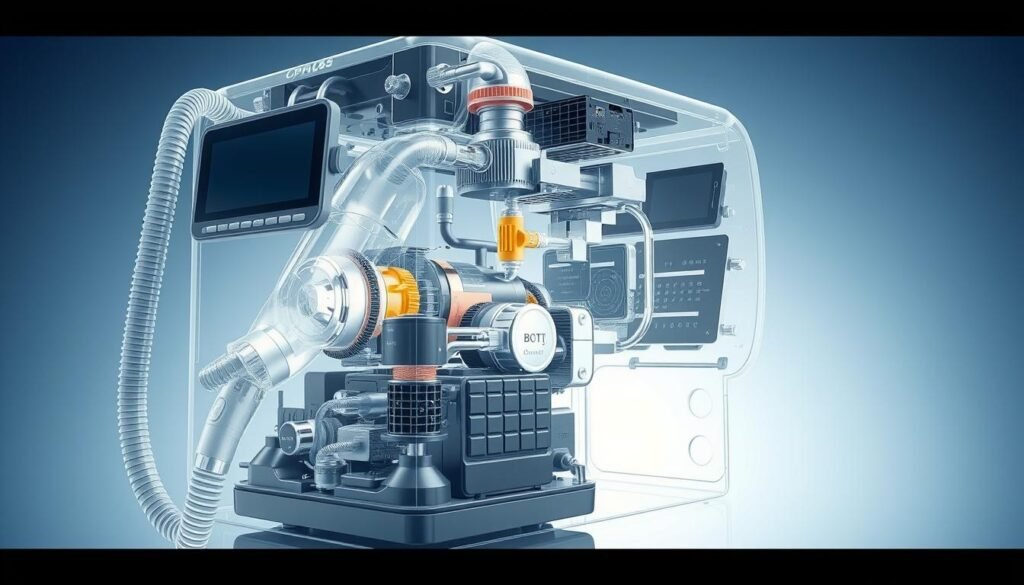 A detailed, highly technical illustration of the inner workings of an iCareCPAP sleep apnea machine. Show the device in a cutaway view, revealing its complex system of airflow sensors, pressure regulators, and electronic control modules. Depict the machine against a clinical, sterile backdrop, with precise mechanical components precisely engineered and rendered in a high-fidelity, photorealistic style. Ensure the overall atmosphere conveys a sense of advanced medical technology and sophisticated engineering design. Highlight the machine's core functionality in aiding breathing and maintaining healthy sleep patterns. A detailed, highly technical illustration of the inner workings of an iCareCPAP sleep apnea machine. Show the device in a cutaway view, revealing its complex system of airflow sensors, pressure regulators, and electronic control modules. Depict the machine against a clinical, sterile backdrop, with precise mechanical components precisely engineered and rendered in a high-fidelity, photorealistic style. Ensure the overall atmosphere conveys a sense of advanced medical technology and sophisticated engineering design. Highlight the machine's core functionality in aiding breathing and maintaining healthy sleep patterns.
