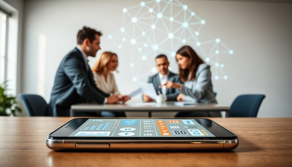 A visually engaging scene illustrating the basic concepts of "line lap" and "lap advertising." In the foreground, depict a sleek smartphone displaying digital marketing elements, including graphs and social media icons. The middle layer should feature diverse professionals in business attire gathered around a table, discussing strategies, with one person pointing at a digital tablet showcasing advertising designs. In the background, an abstract representation of interconnected digital nodes and networks symbolizes the integration of "line lap" and "lap advertising." Use soft, natural lighting to create a collaborative and innovative atmosphere. The angle should be slightly elevated to capture both the professionals' interactions and the digital elements, emphasizing a modern and efficient marketing environment.