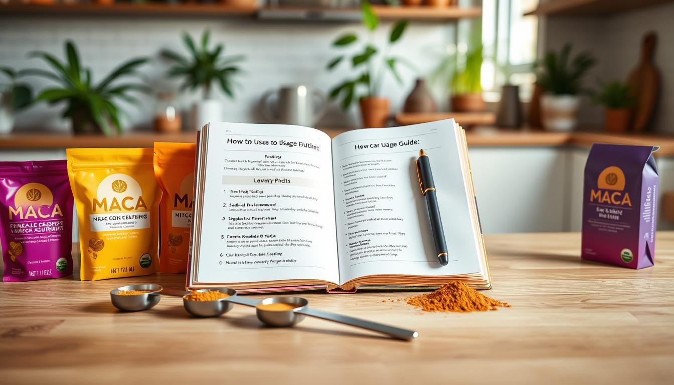A modern flat lay image showcasing a "Maca Usage Guide" concept. In the foreground, elegantly arranged packages of maca supplements in vibrant colors alongside measuring spoons filled with powdered maca, all on a clean wooden surface. The middle layer features a beautifully designed notebook with an open page displaying bullet points on how to incorporate maca into daily routines, paired with a sleek pen. In the background, a softly blurred view of a cozy kitchen with plants and natural sunlight filtering through a window, creating a warm and inviting atmosphere. The overall mood should be educational yet approachable, highlighting the practical use of maca in a stylish, well-organized manner.
