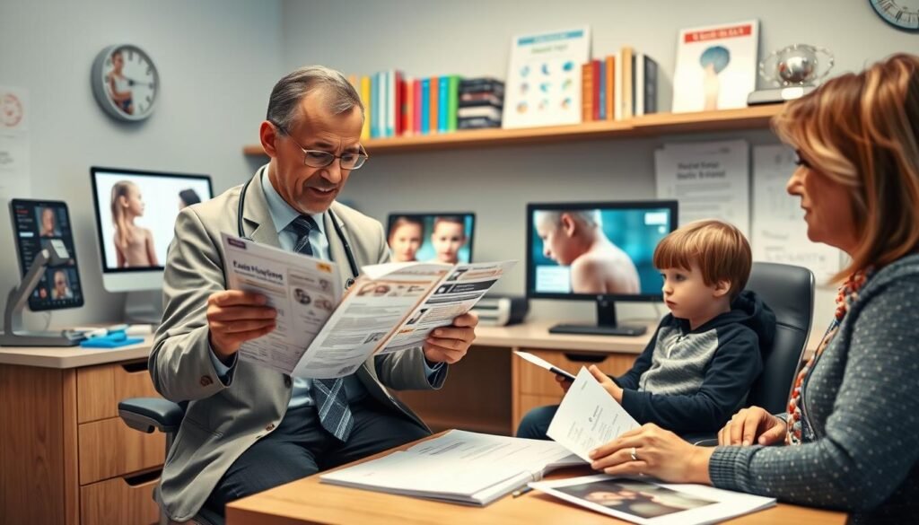 A pediatric dermatologist's consultation room focusing on eczema treatment. In the foreground, a caring doctor in a smart, professional outfit examines a child's medical history documents, such as past prescriptions and photographs of skin conditions. The child, dressed in modest casual clothing, sits next to a concerned parent, who is taking notes. In the middle ground, we see a well-organized desk with medical tools and a computer displaying eczema-related images. The background features shelves filled with medical books and educational posters about skin health. Soft, natural lighting illuminates the room, creating a warm and inviting atmosphere, emphasizing the importance of preparation for a medical consultation. The overall mood is professional yet compassionate, reflecting the delicate nature of children's health care.