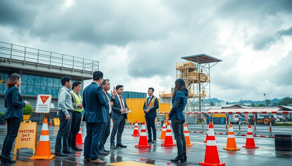 A vibrant, informative scene depicting the "平安咭課程安全管理" in an outdoor setting during inclement weather. In the foreground, a diverse group of professionals in business attire is engaged in a safety management discussion, with tools like hazard signs, safety cones, and weather-resistant gear around them. The middle ground showcases a workplace transition area, equipped with anti-slip mats and wind barriers. In the background, dark clouds gather, hinting at stormy weather, while protective measures like sturdy scaffolding and covered work areas are visible. Soft, diffused lighting emphasizes the seriousness of safety preparations while maintaining a sense of urgency and professionalism, capturing the essence of effective emergency response during adverse conditions.