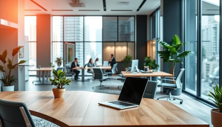 A modern flexible lease office space in a bustling central business district, showcasing a bright and airy interior. In the foreground, sleek, minimalist furniture includes a large wooden desk with a laptop open, stylish ergonomic chairs, and potted plants for a touch of greenery. The middle ground features a collaborative workspace with modern decor, glass partitions, and colleagues wearing professional business attire engaged in discussions and teamwork. The background reveals large windows with a cityscape view, allowing natural light to fill the room, creating a productive atmosphere. Soft, diffused lighting enhances the overall warmth and comfort, with a slight depth of field effect to focus on the workspace. The mood is vibrant and inspiring, perfect for emphasizing operational convenience in a central location.