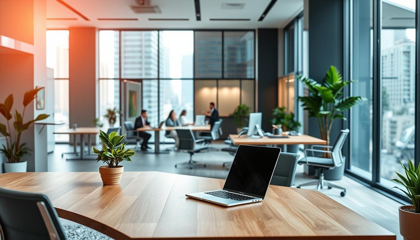 A modern flexible lease office space in a bustling central business district, showcasing a bright and airy interior. In the foreground, sleek, minimalist furniture includes a large wooden desk with a laptop open, stylish ergonomic chairs, and potted plants for a touch of greenery. The middle ground features a collaborative workspace with modern decor, glass partitions, and colleagues wearing professional business attire engaged in discussions and teamwork. The background reveals large windows with a cityscape view, allowing natural light to fill the room, creating a productive atmosphere. Soft, diffused lighting enhances the overall warmth and comfort, with a slight depth of field effect to focus on the workspace. The mood is vibrant and inspiring, perfect for emphasizing operational convenience in a central location.
