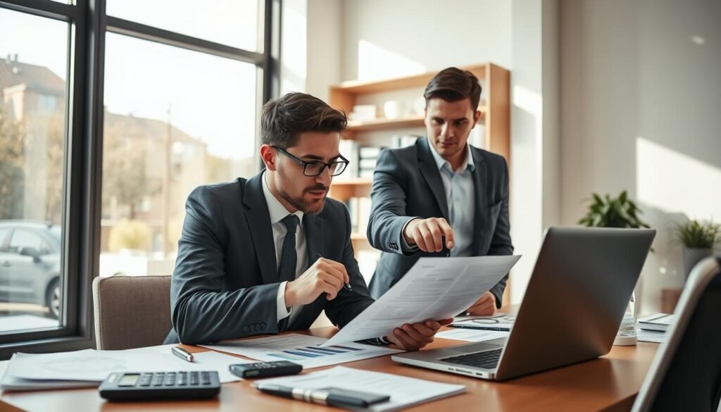 A modern office setting showcasing two professionals engaged in a discussion over a laptop, surrounded by graphs, charts, and financial documents symbolizing the evaluation of accounting qualifications. In the foreground, a focused accountant in a smart suit takes notes, while the second professional, also in professional business attire, points at the screen, suggesting collaboration. The middle ground displays a desk cluttered with accounting tools such as a calculator, pen, and notepads. Bright, natural lighting filters through large windows, creating a warm and inviting atmosphere. The background features a sleek bookshelf filled with industry-related books and certifications, reflecting professionalism and expertise. Use a slight overhead angle to emphasize the interaction and the details of the workspace.