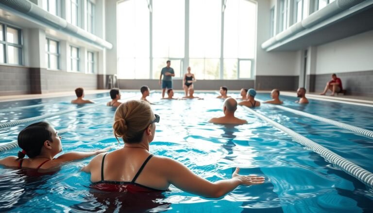 A spacious indoor swimming pool environment designed for adult swimming classes. In the foreground, a diverse group of adults, dressed in modest swim attire, are engaged in swimming lessons with a focused instructor demonstrating techniques. The middle ground features floating pool mats and teaching aids, while the background shows large windows allowing natural light to flood the area, creating a bright and inviting atmosphere. The mood is uplifting and energizing, showcasing the benefits of swimming for health and fitness. The angle captures both the instructor and participants, emphasizing interaction and learning. Light reflections on the water enhance the dynamic feel of the scene, suggesting a welcoming and supportive environment for all ages.