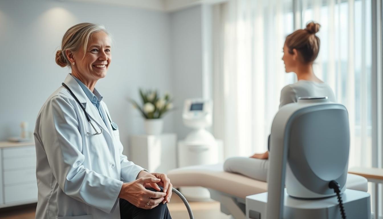 An informative scene depicting the relationship between laser hair removal pricing and treatment effects. In the foreground, a professional dermatologist with a warm smile, wearing a white coat, is consulting with a patient seated on a modern examination table, both appearing engaged in conversation. In the middle ground, there is a sleek laser hair removal device, prominently showcased to emphasize the technology's role. The background features an elegant clinic setting, with soft, natural lighting filtering through large windows, creating a welcoming atmosphere. The overall color scheme is calming, utilizing soft blues and whites, evoking a sense of cleanliness and professionalism. Aim for a shallow depth of field to draw focus on the interaction between the dermatologist and the patient, while subtly hinting at the clinic environment.