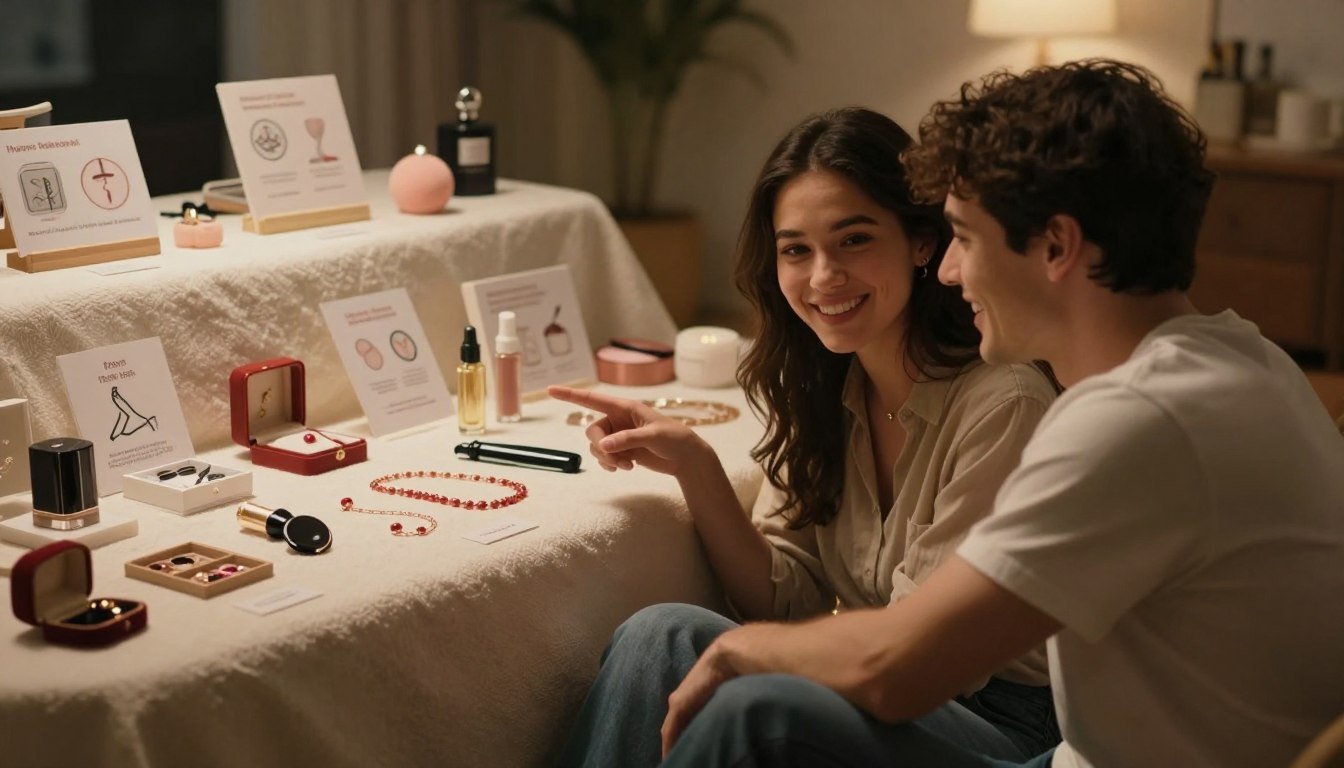 A cozy and intimate setting featuring a tasteful display of various romantic accessories on a soft, textured surface. In the foreground, a couple is seated close together, smiling, dressed in modest casual clothing; they are engaging in a light-hearted discussion while pointing towards an accessory, illustrating the common misconceptions about their use. The middle ground showcases an array of thoughtfully arranged romantic items, each labeled with clear visual symbols representing incorrect and correct usage. Background elements include soft, warm lighting that creates a cinematic vibe, with gentle shadows enhancing the atmosphere. The scene is framed in a 4:3 aspect ratio, capturing the warmth and connection between the couple while educating viewers on safe and enjoyable interactions with these items.