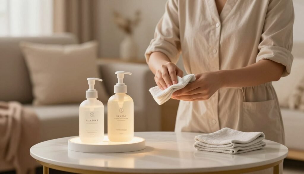 A sophisticated, informative scene depicting the guidelines for using and maintaining a high-quality product designed for personal care. In the foreground, a neatly organized table features an elegant, well-lit display of the item alongside cleaning supplies, such as a gentle cleanser and cloth, showcasing best practices for care. In the middle ground, there’s a pair of hands, donned in modest, professional attire, demonstrating the cleaning technique. The background features a soft-focus, warm-lit room designed for relaxation, with subtle hints of a cozy atmosphere, like plush pillows and soft fabrics. The overall mood is calm, professional, and inviting, ensuring a sense of comfort and safety.