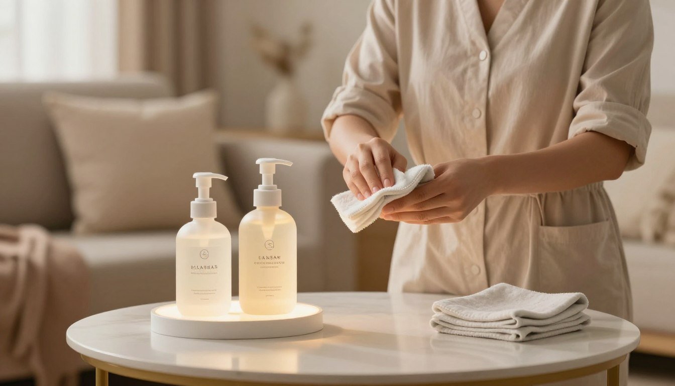 A sophisticated, informative scene depicting the guidelines for using and maintaining a high-quality product designed for personal care. In the foreground, a neatly organized table features an elegant, well-lit display of the item alongside cleaning supplies, such as a gentle cleanser and cloth, showcasing best practices for care. In the middle ground, there’s a pair of hands, donned in modest, professional attire, demonstrating the cleaning technique. The background features a soft-focus, warm-lit room designed for relaxation, with subtle hints of a cozy atmosphere, like plush pillows and soft fabrics. The overall mood is calm, professional, and inviting, ensuring a sense of comfort and safety.